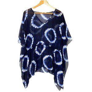 Ann Taylor LOFT Caftan Blouse Top Blue Tie Dye Womens Large